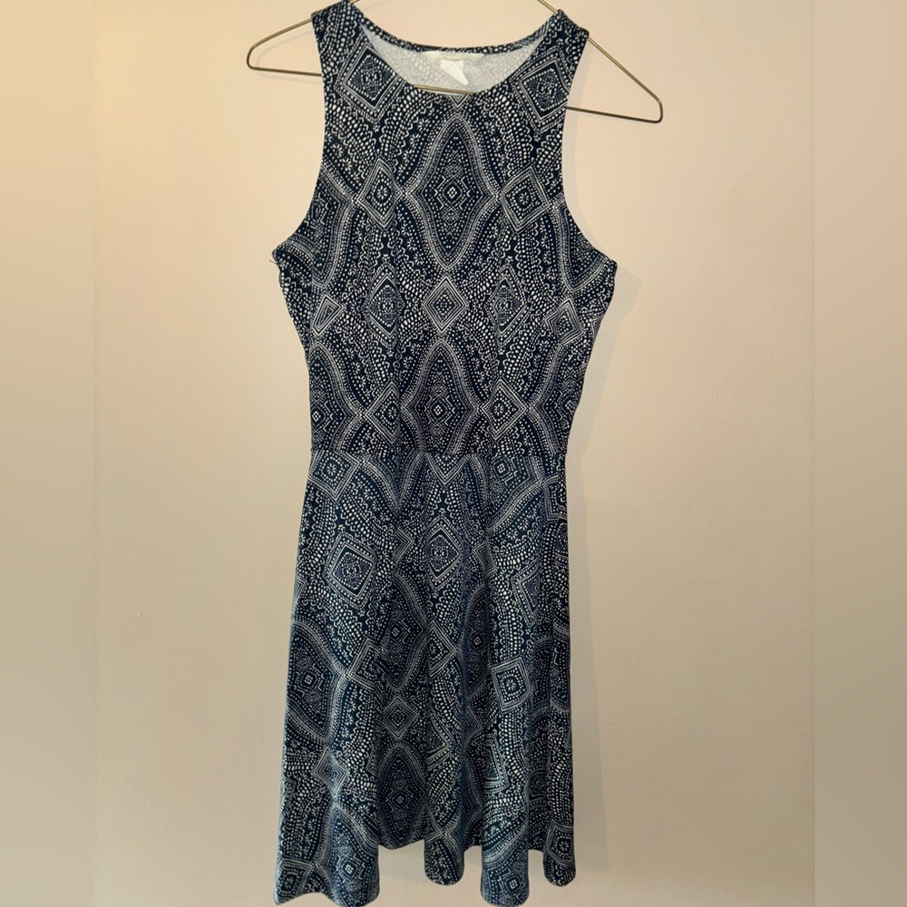 Navy blue and white patterned midi dress
